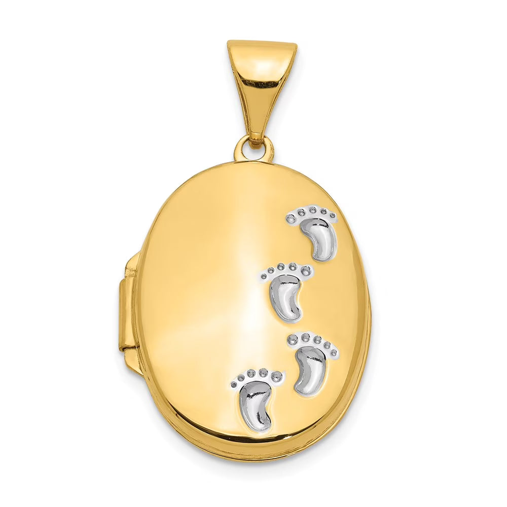 14K Yellow Gold White Rhodium Plated Footprints Locket O60075