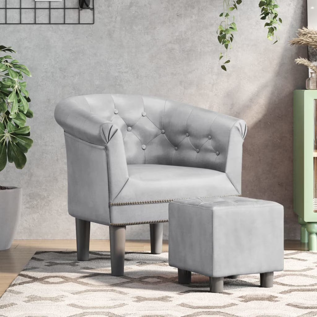 Silver Faux Leather Tub Chair with Footstool P125