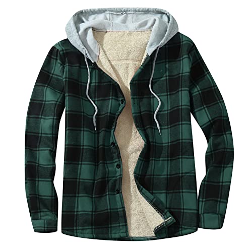 Mens Fleece Lined Flannel Plaid Shirts Jacket Button Down Sherpa Jackets with Hood Long Sleeve Winter Hooded Coats R3666