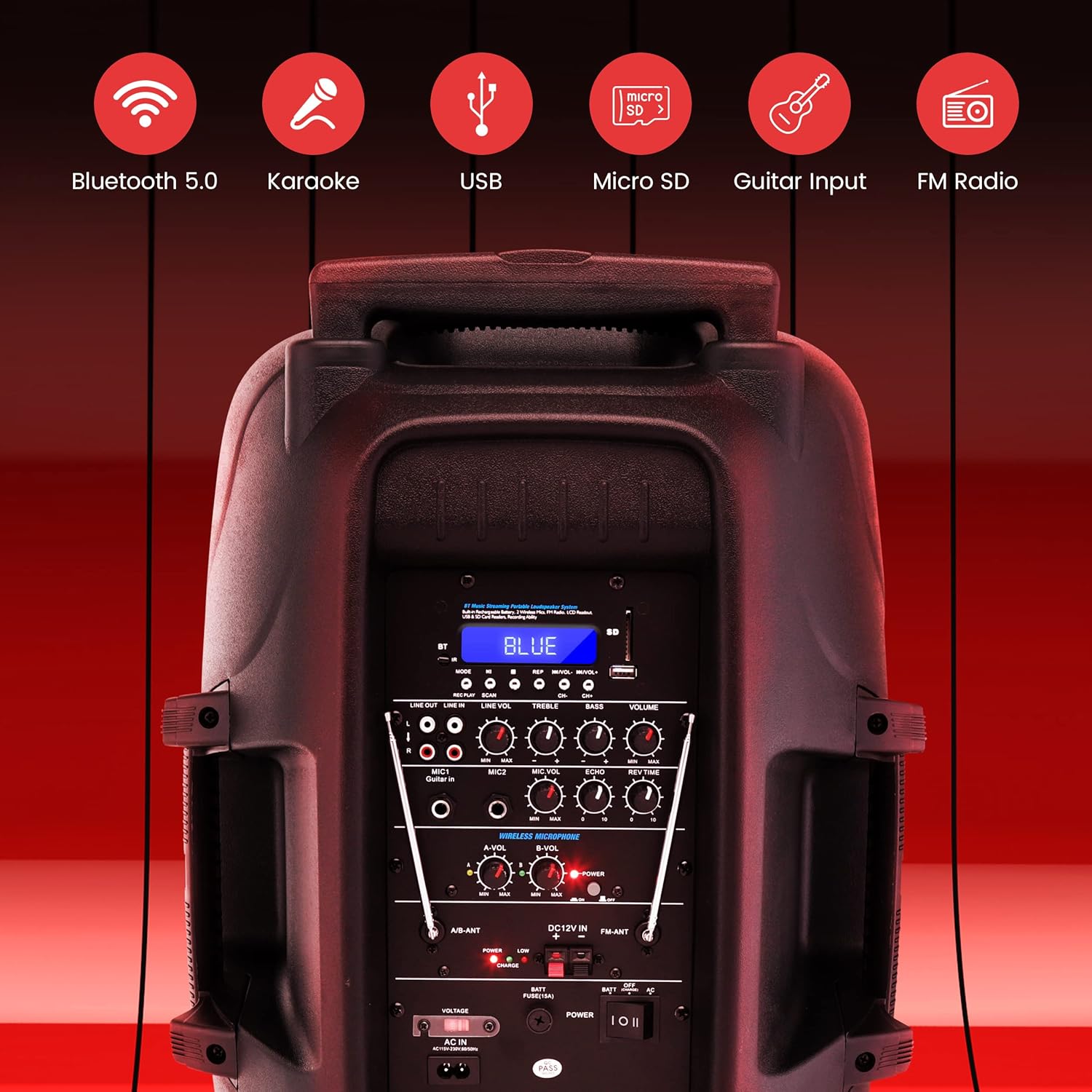 15" Bluetooth PA Speaker with 2 UHF Wireless Microphones, Black E607