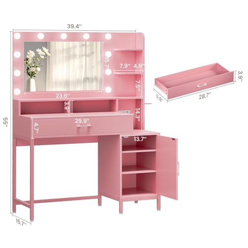 White Vanity Desk with Mirror and Lights and Storage Drawer H75702