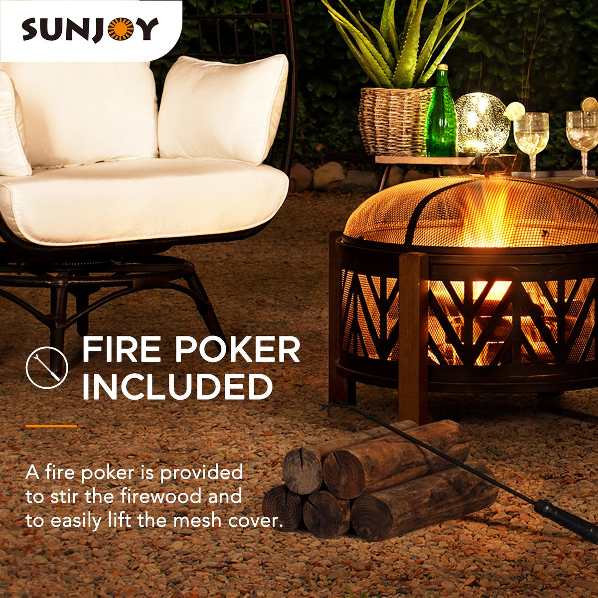27 in. Steel Wood Burning Fire Pit with Mesh Spark Screen and Fire Poker P1087