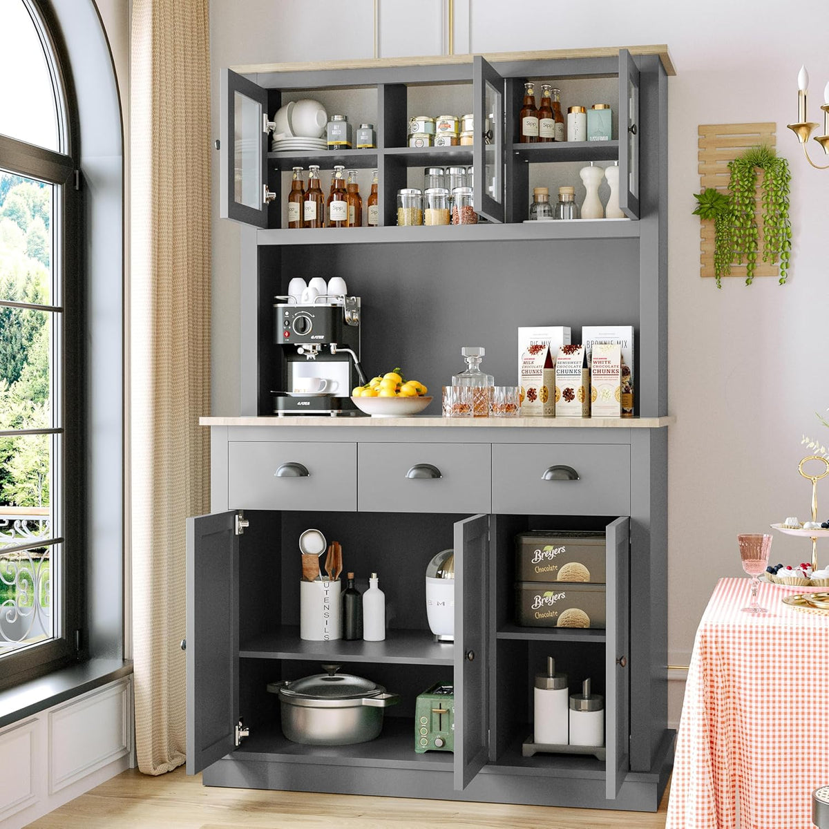 Grey Kitchen Hutch Storage Cabinet with Countertop and Drawers D251664