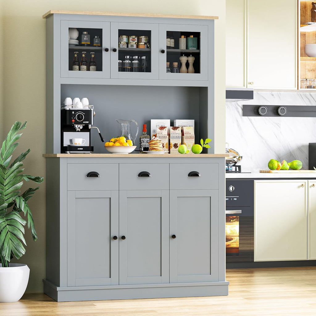 Grey Kitchen Hutch Storage Cabinet with Countertop and Drawers D251664
