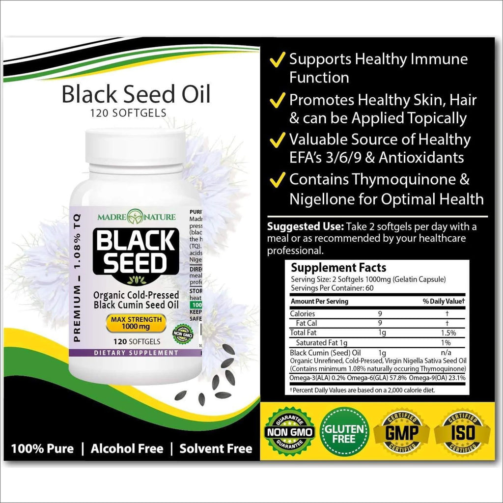 Black Seed Oil 1000mg 120 Softgel Capsules Cold-Pressed Nigella Sativa N154