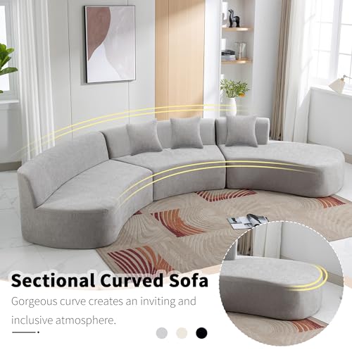 Grey Chenille Curved Sofa Sectional with Three Throw Pillows O434025