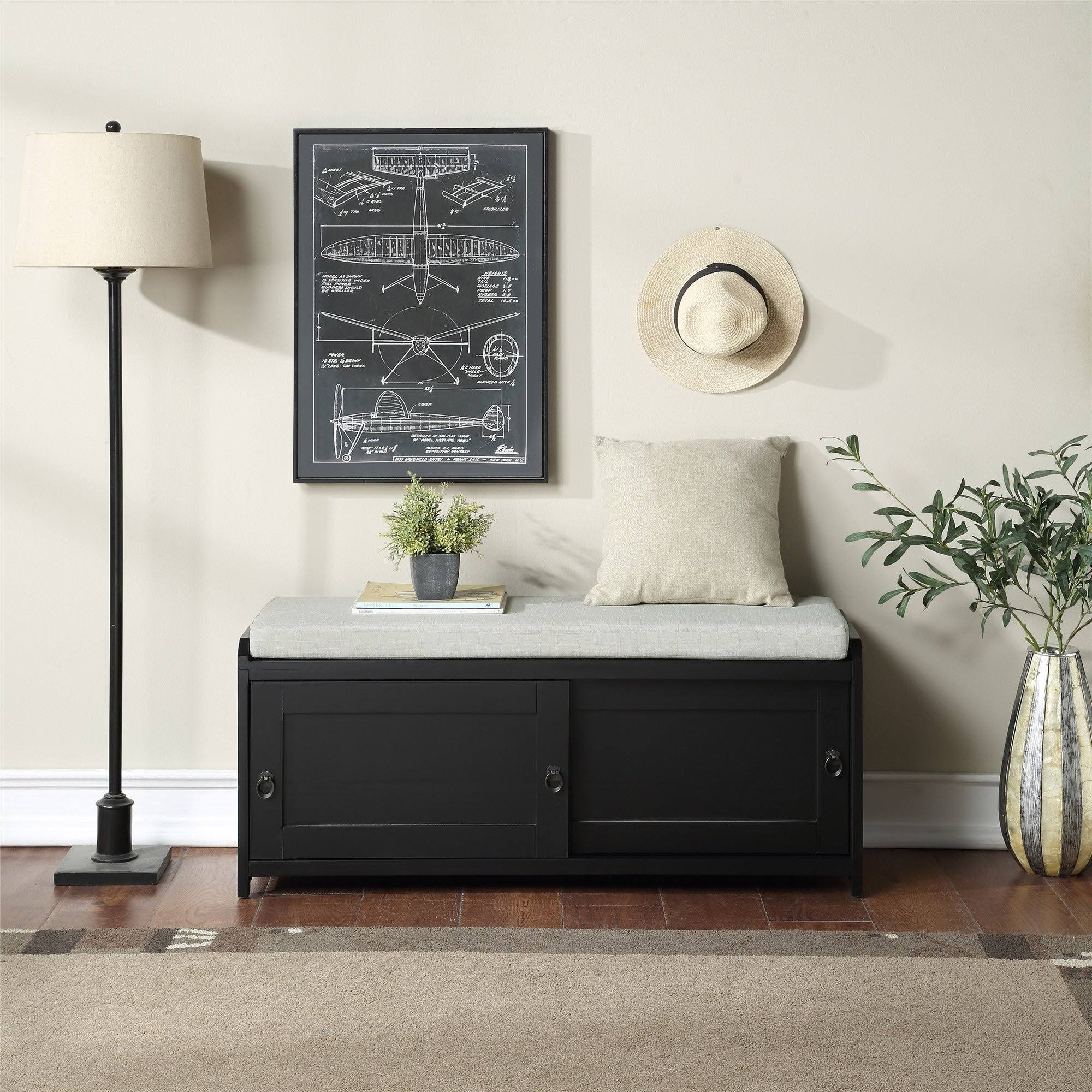 Black Wood Storage Bench with 2 Cabinets V42847