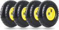 (4 Pack) 4.10/3.50-4 All Purpose Utility Air Tires with Yellow Wheel, 10 Inner Tube, 5/8 Axle Bore Hole, 1 3/4 Offset Hub, Double Sealed Bearings C490