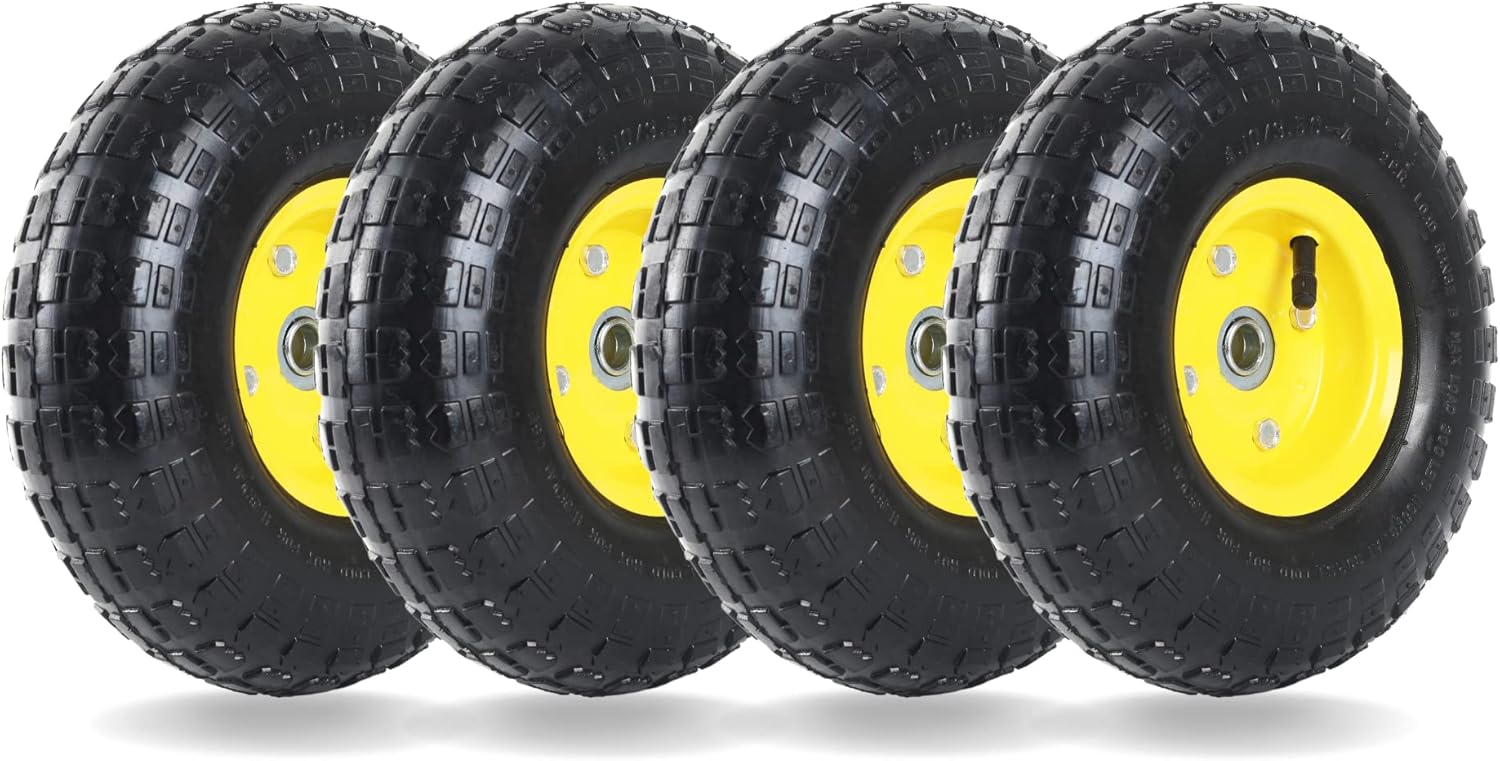 (4 Pack) 4.10/3.50-4 All Purpose Utility Air Tires with Yellow Wheel, 10 Inner Tube, 5/8 Axle Bore Hole, 1 3/4 Offset Hub, Double Sealed Bearings C490