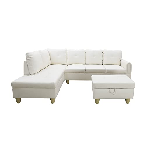 Red Linen L Shaped Sectional Couch with Chaise Ottoman A285295