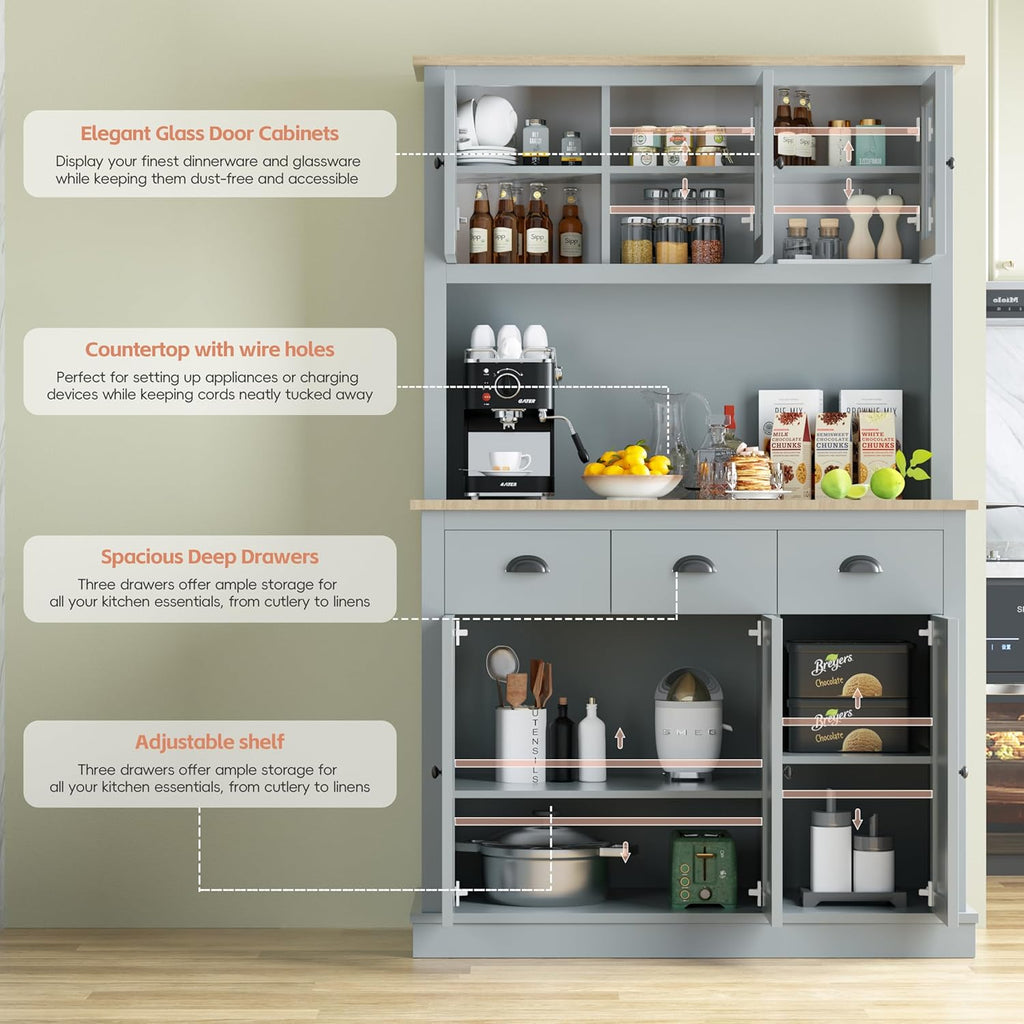 Grey Kitchen Hutch Storage Cabinet with Countertop and Drawers D251664