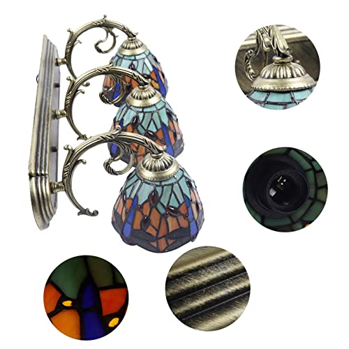 Tiffany Victorian Wall Sconce, 3-Light Vanity Light Fixtures Stained Glass Lampshade Dragonfly Over Mirror Lamp A60787