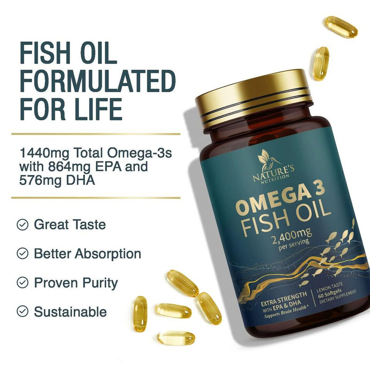 Omega 3 Fish Oil Capsules 2400mg EPA & DHA 60 Softgels E921