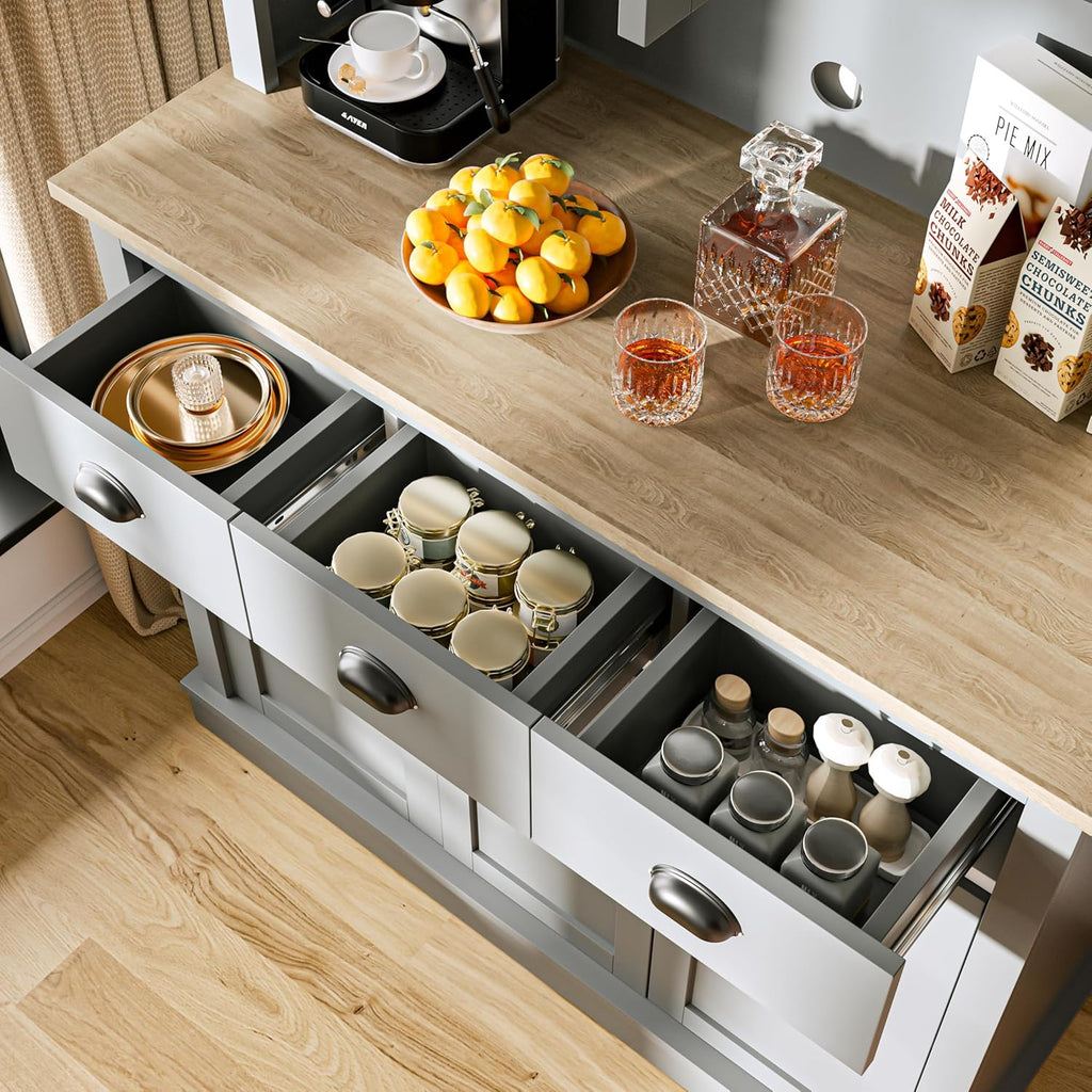 Grey Kitchen Hutch Storage Cabinet with Countertop and Drawers D251664