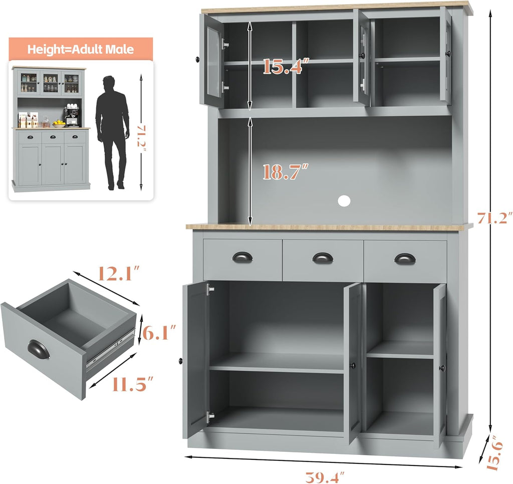 Grey Kitchen Hutch Storage Cabinet with Countertop and Drawers D251664
