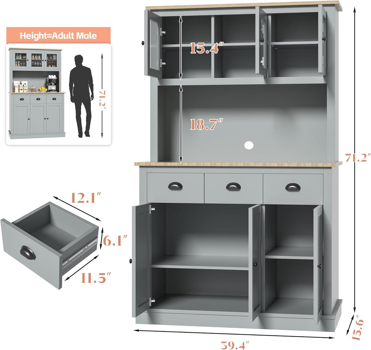 Grey Kitchen Hutch Storage Cabinet with Countertop and Drawers D251664