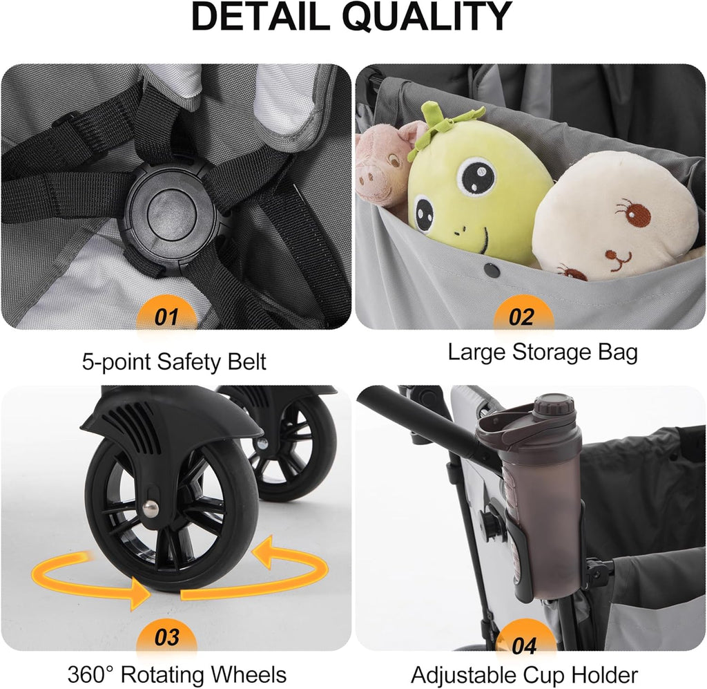 Grey Foldable Wagon Stroller with Adjustable Handle-Bar and Removable Canopy P13435