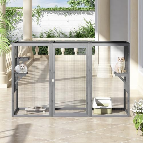 Grey Wooden Cat Cage with 3 Platforms and Litter Box F197