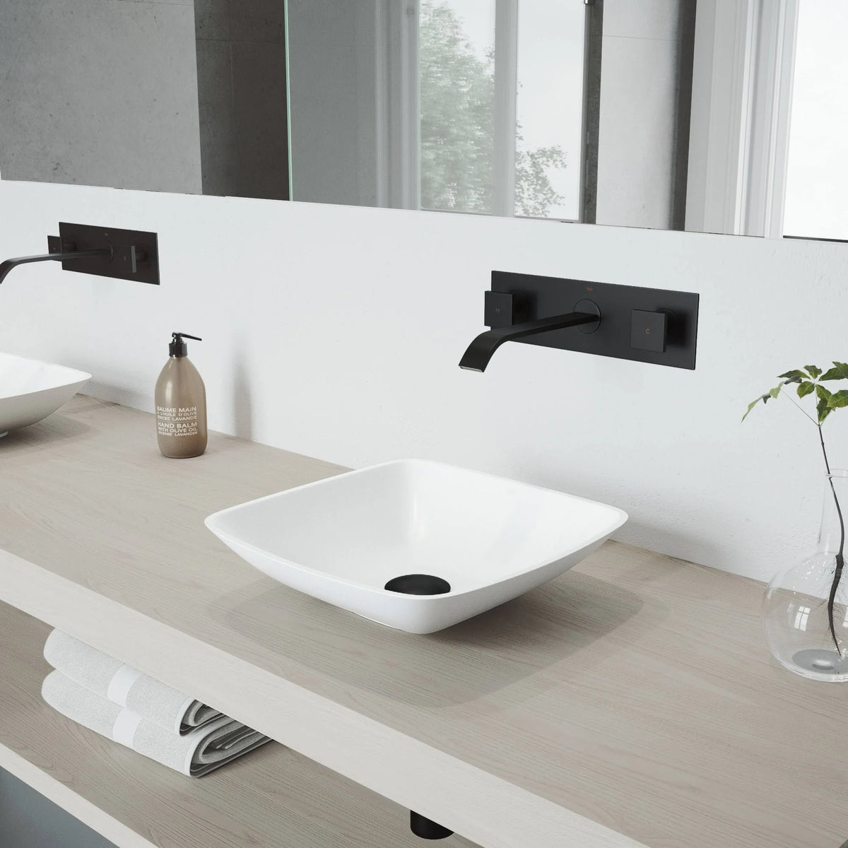 Hyacinth Matte Stone Vessel Bathroom Sink Set with Wall Mount Faucet in Matte Black B8890