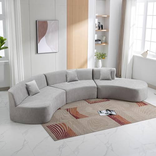 Grey Chenille Curved Sofa Sectional with Three Throw Pillows O434025