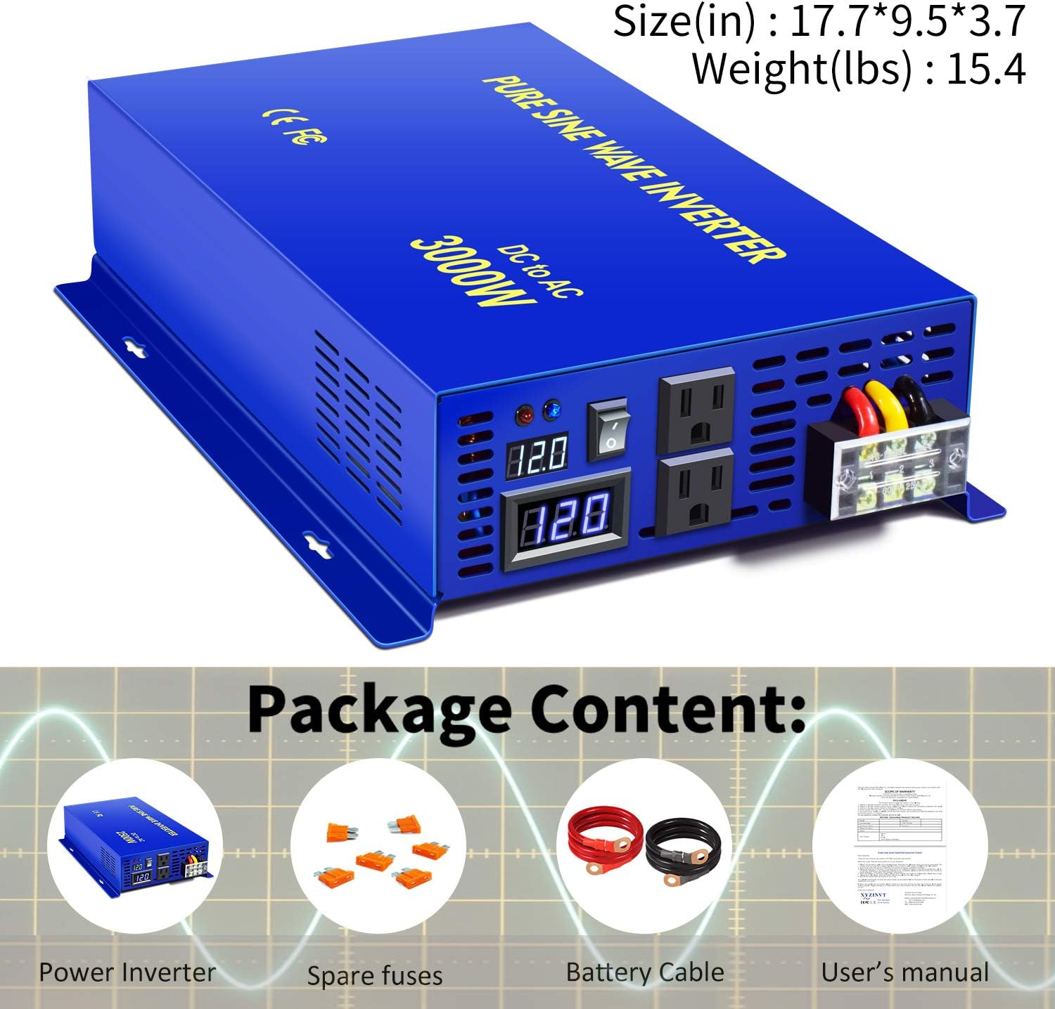 3000W Pure Sine Wave Power Inverter 12V DC to 120V AC T5578