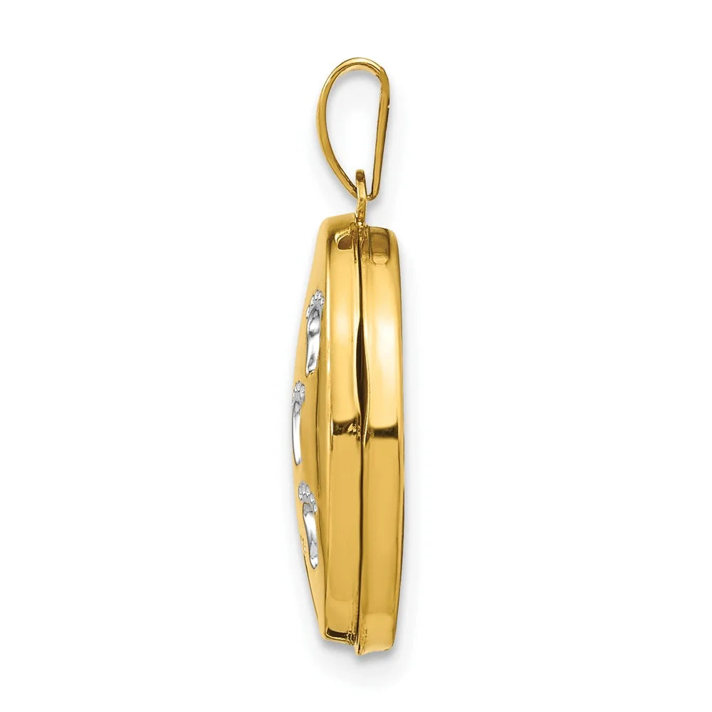 14K Yellow Gold White Rhodium Plated Footprints Locket O60075