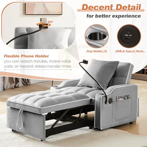 Grey Velvet Convertible Sleeper Sofa Chair Q38989