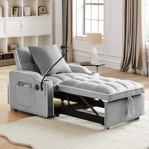 Grey Velvet Convertible Sleeper Sofa Chair Q38989