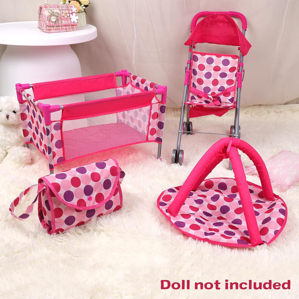 5 Pcs Reborn Baby Doll Accessories Play Set with Baby Doll Stroller, Baby Doll Crib, Play Mat, Diaper Bag, Activity Mat N605728