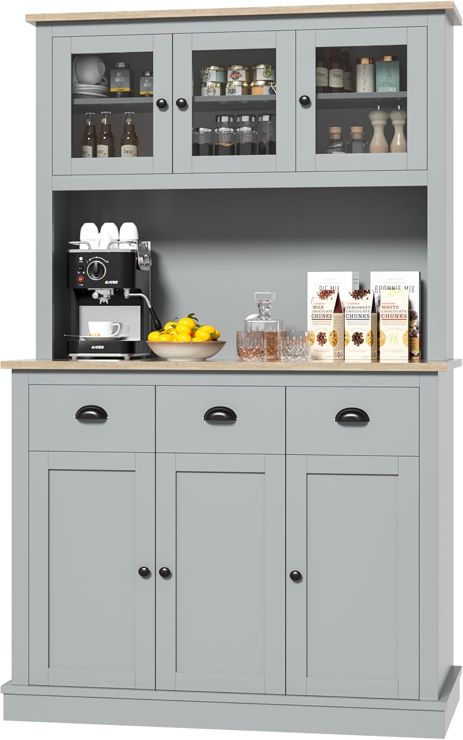 Grey Kitchen Hutch Storage Cabinet with Countertop and Drawers D251664