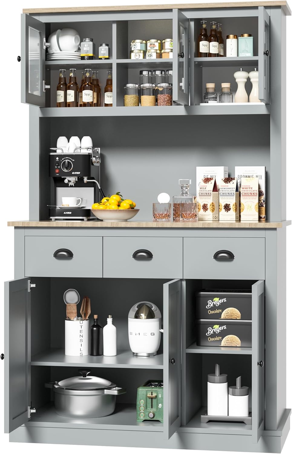 Grey Kitchen Hutch Storage Cabinet with Countertop and Drawers D251664