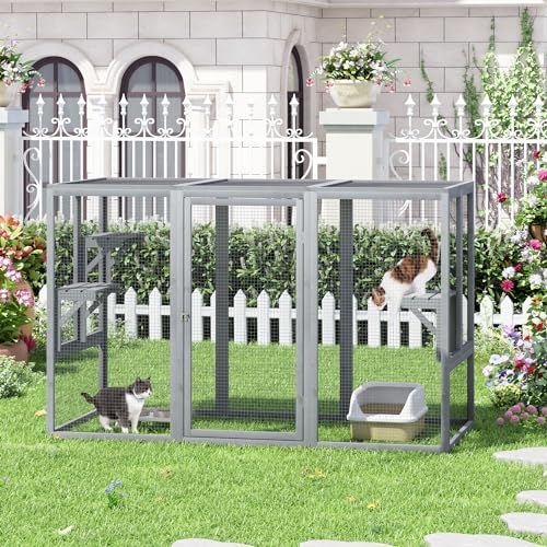 Grey Wooden Cat Cage with 3 Platforms and Litter Box F197