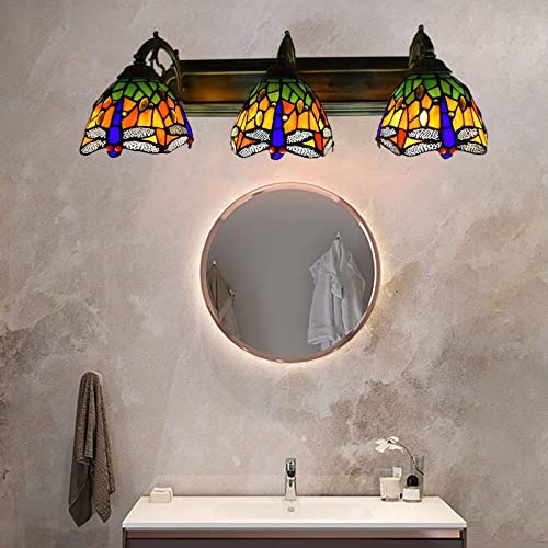 Tiffany Victorian Wall Sconce, 3-Light Vanity Light Fixtures Stained Glass Lampshade Dragonfly Over Mirror Lamp A60787