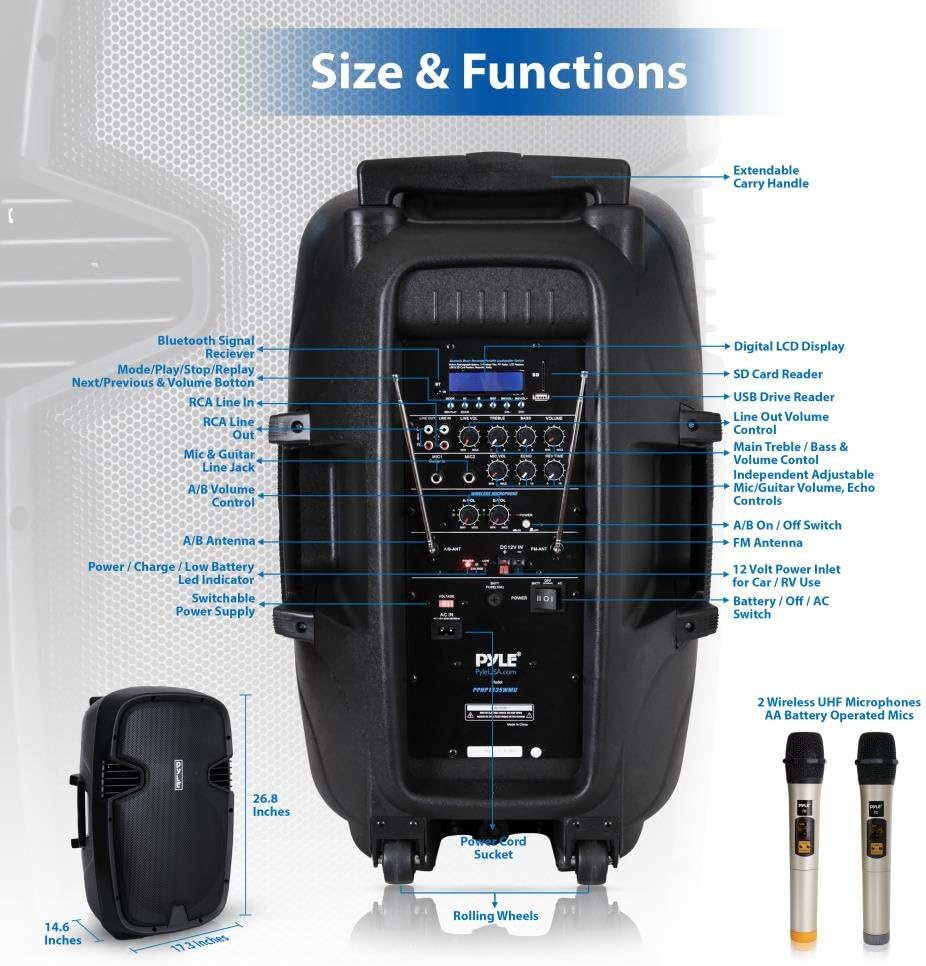 15" Bluetooth PA Speaker with 2 UHF Wireless Microphones, Black E607