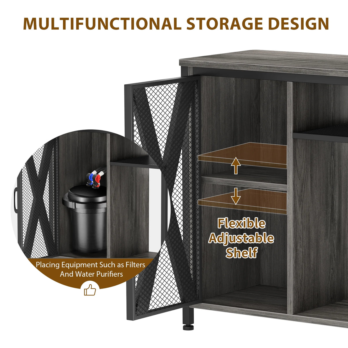 Gray & Black Metal Fish Tank Stand with Cabinet K724