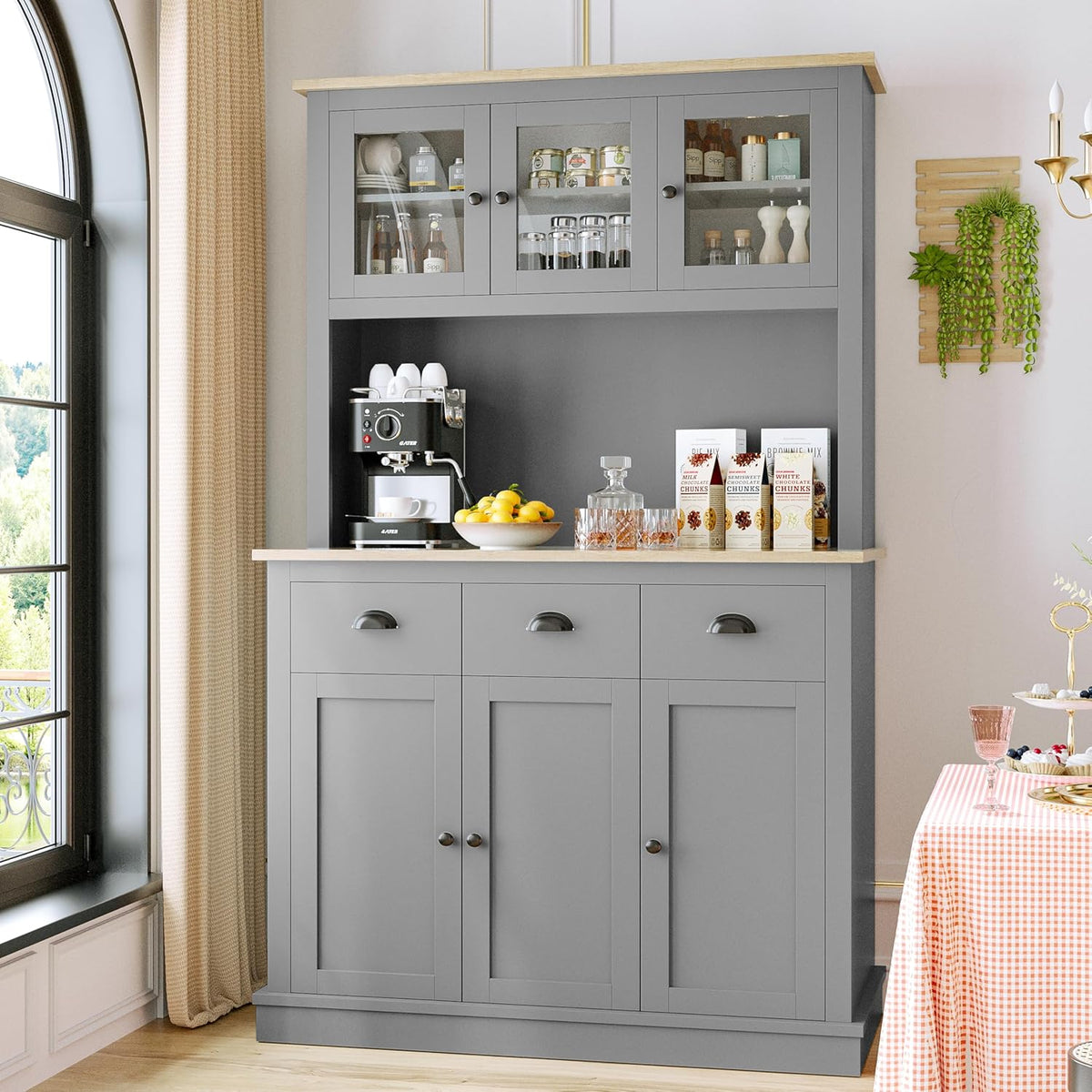 Grey Kitchen Hutch Storage Cabinet with Countertop and Drawers D251664
