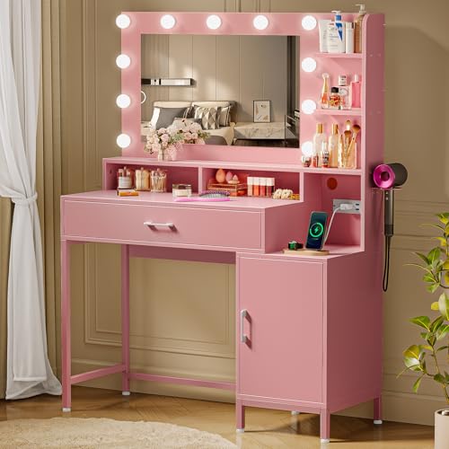 White Vanity Desk with Mirror and Lights and Storage Drawer H75702