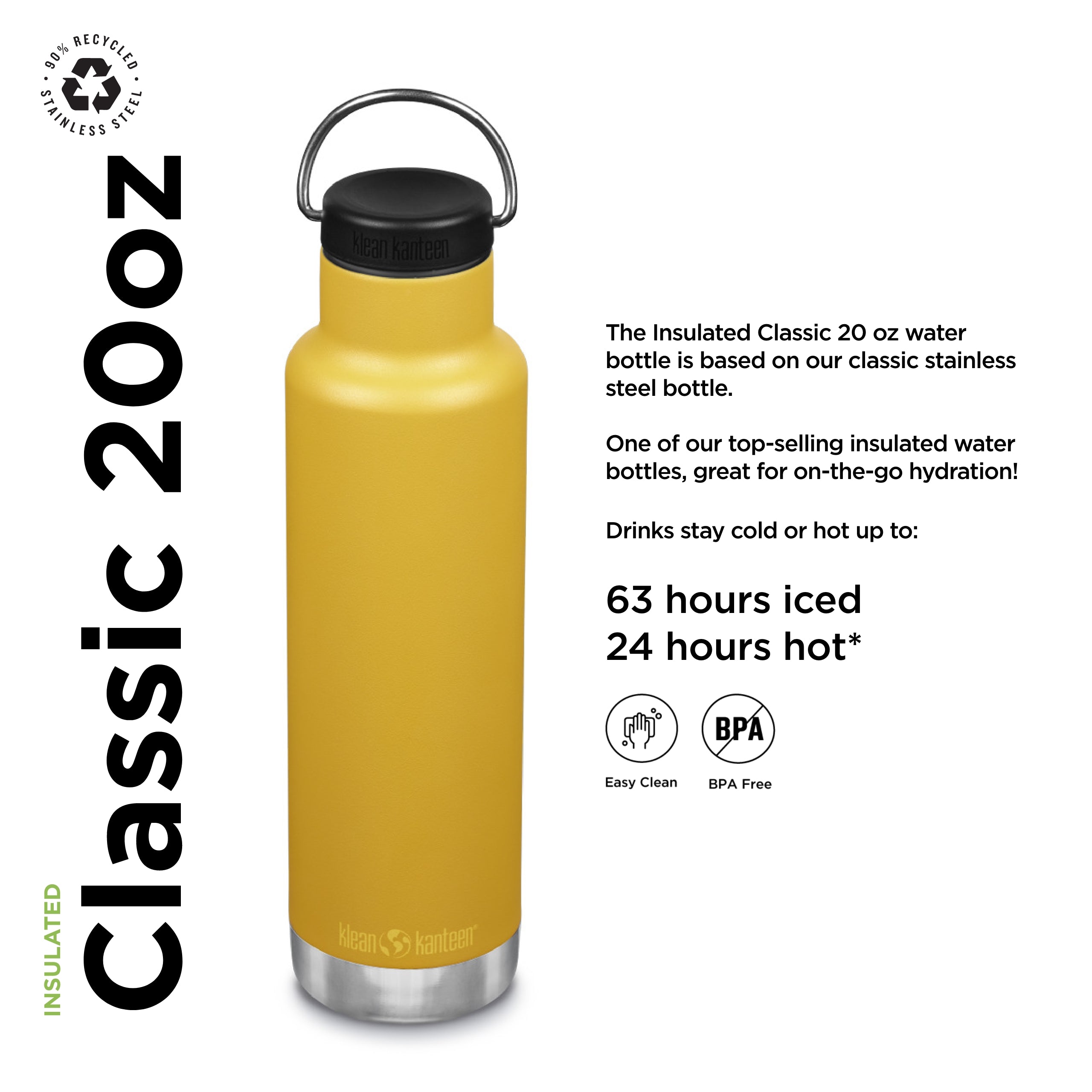 Insulated Classic Bottle with Loop Cap, 20oz, Marigold M968
