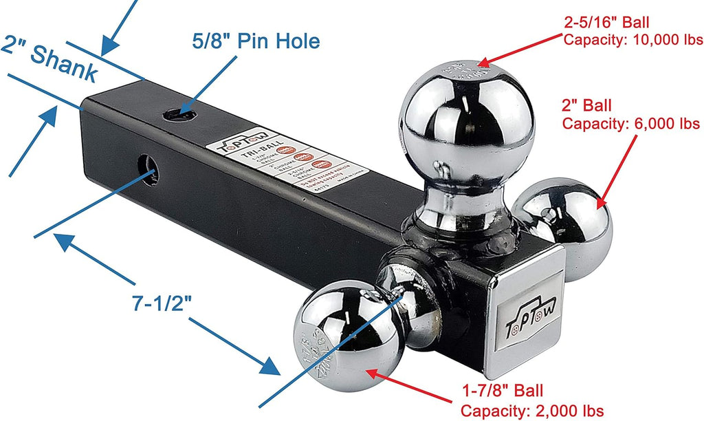 Tri Ball Hitch Mount, Chrome Balls, 2" Receiver, Pack of 2 P393174